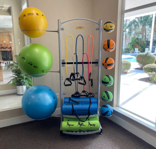 Fitness Center at Asbury Park- exercise balls, medicine balls, yoga mats, foam rollers, and resistance bands.